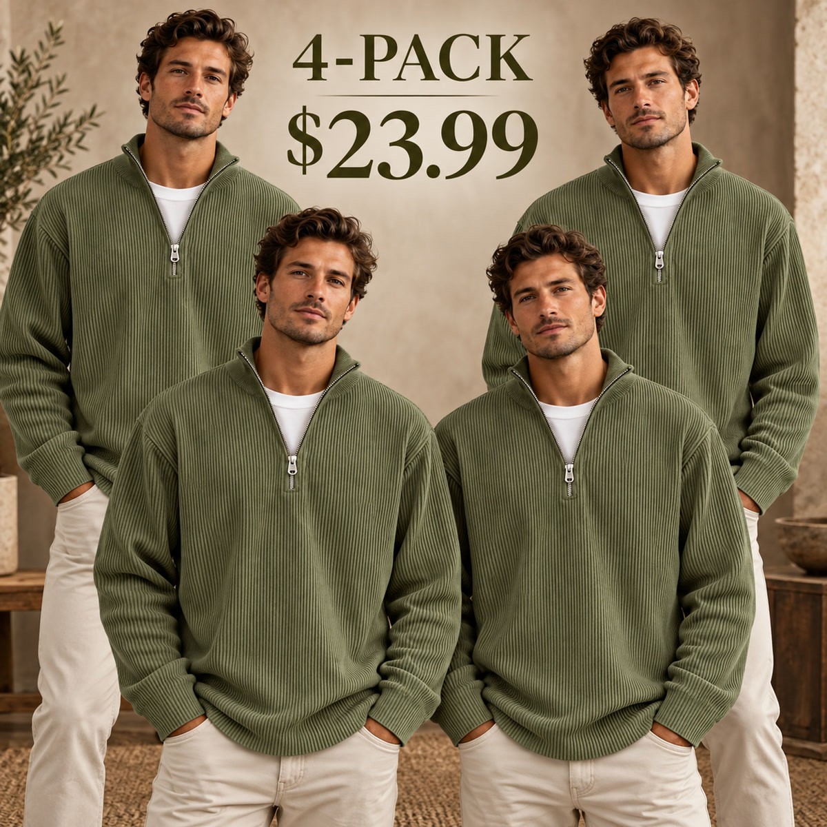 4-Pack - Olive Men's Ribbed Quarter-Zip Relaxed Pullover Multipacks