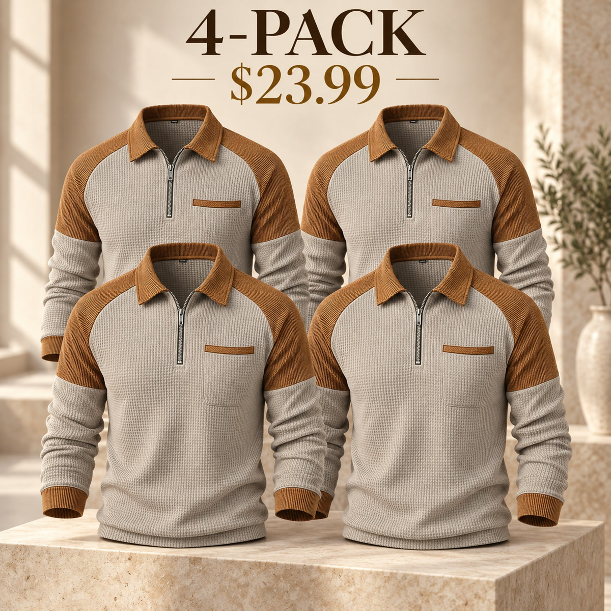 4-Pack - Stone/Tan Men's Contrast-Yoke Waffle-Knit Quarter-Zip Pullover Multipacks