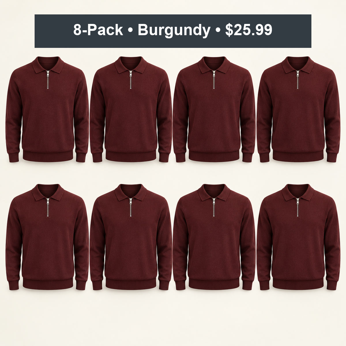 8-Pack - Burgundy Men's Quarter-Zip Knit Polo Sweater 8-Packs