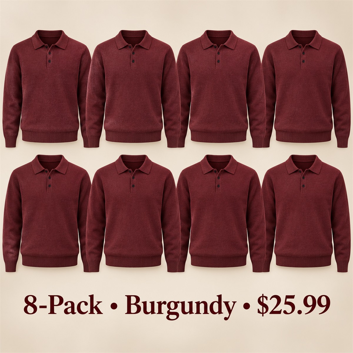 8-Pack - Burgundy Men's Soft-Knit Three-Button Polo Sweater 8-Packs