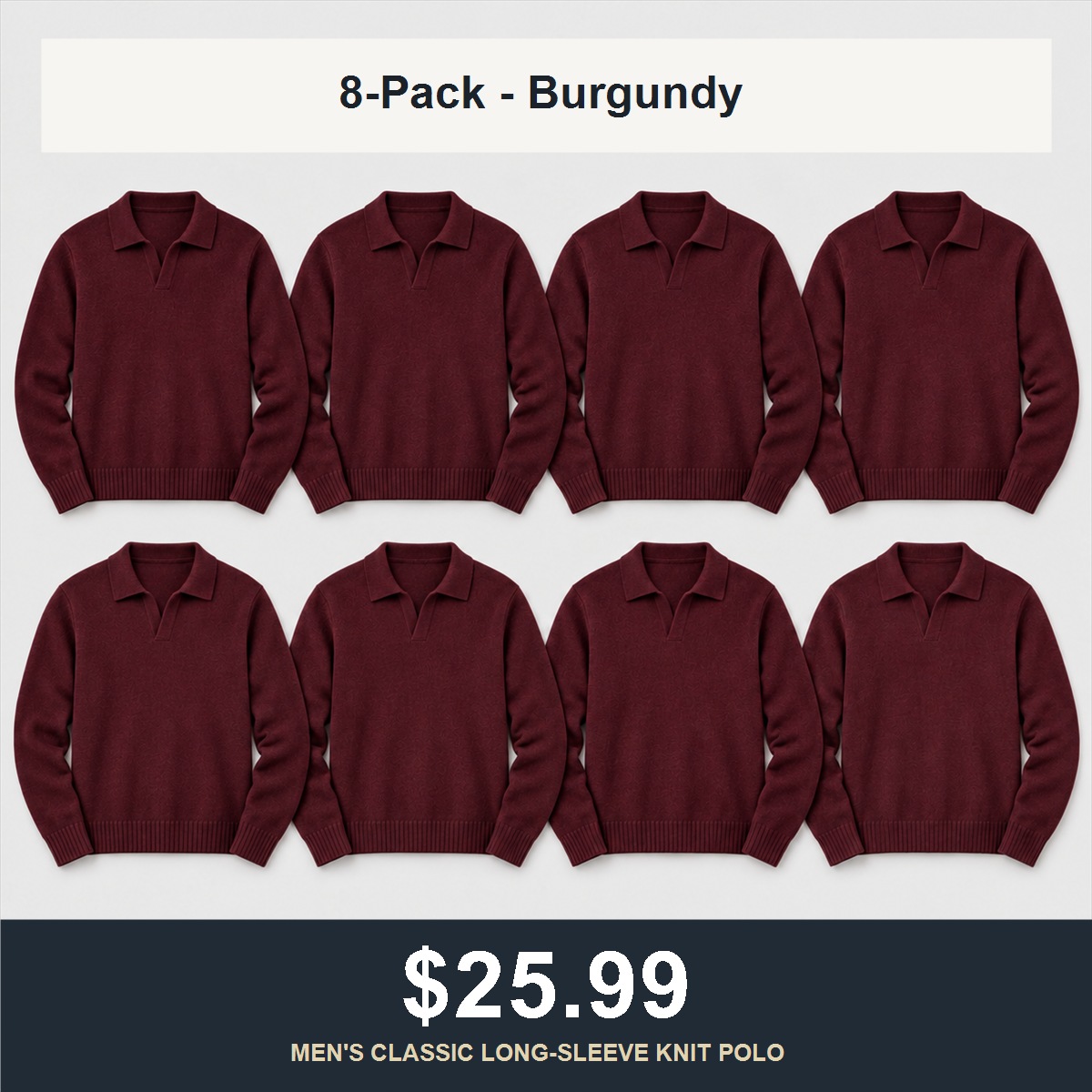 8-Pack - Burgundy Men's Classic Open-Collar Knit Polo Sweater 8-Packs