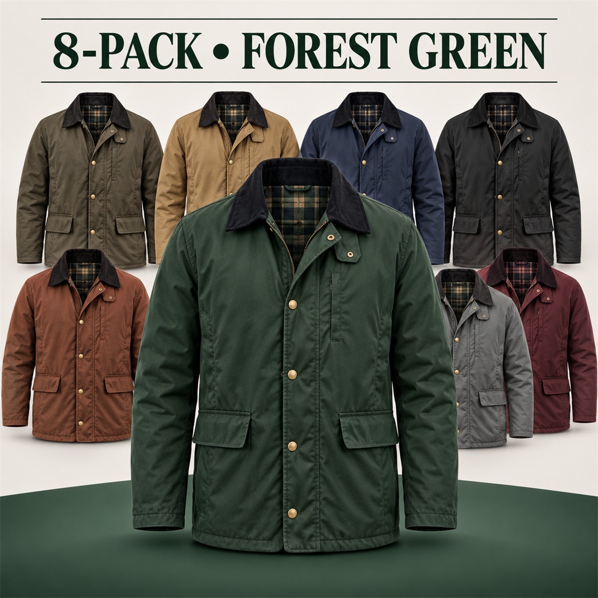 8-Pack - Forest Green Men's Contrast-Collar Field Jacket 8-Packs