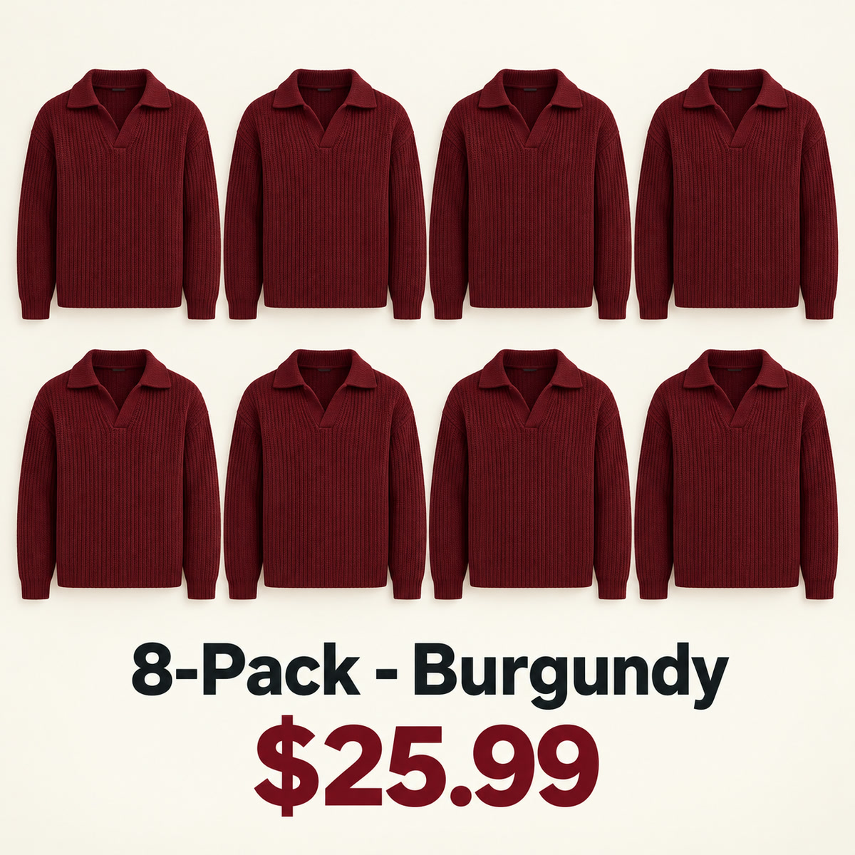 8-Pack - Burgundy Men's Open-Collar Chunky-Knit Sweater 8-Packs
