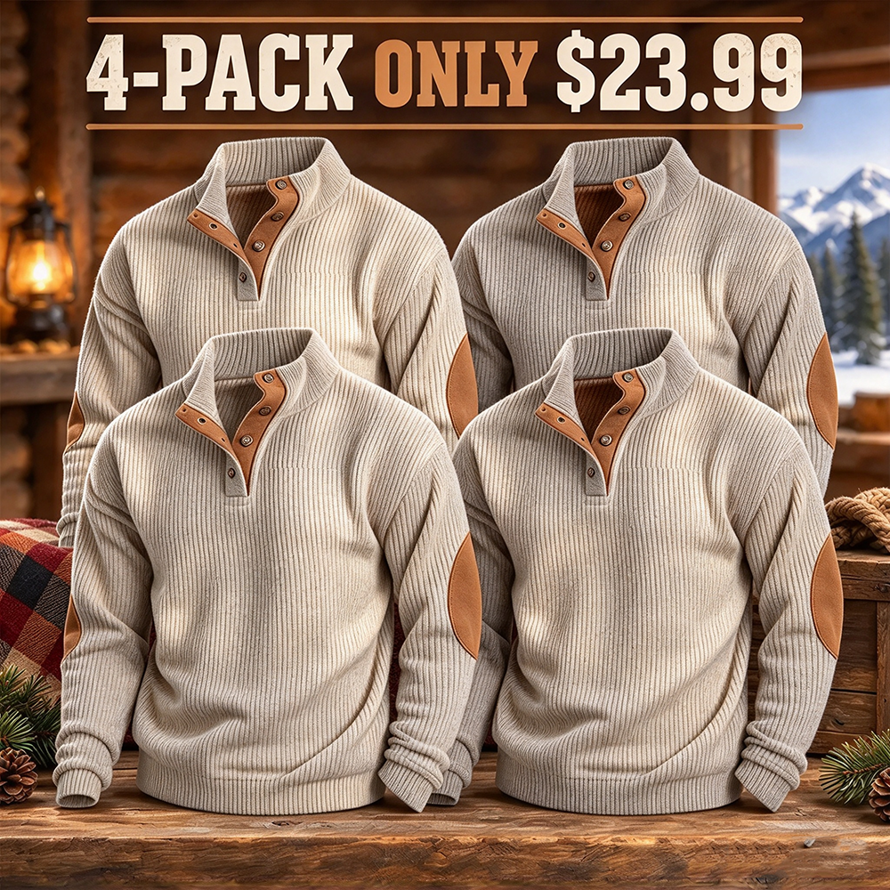 Men's Ribbed Mock-Neck Snap Pullover with Elbow Patches