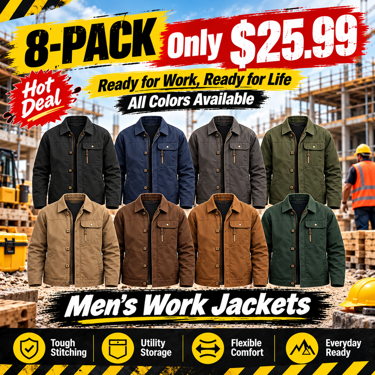 🔥Men's Workwear Utility Jacket Ripstop Water Resistant Hiking Work Jacket Outdoor Multi Pockets