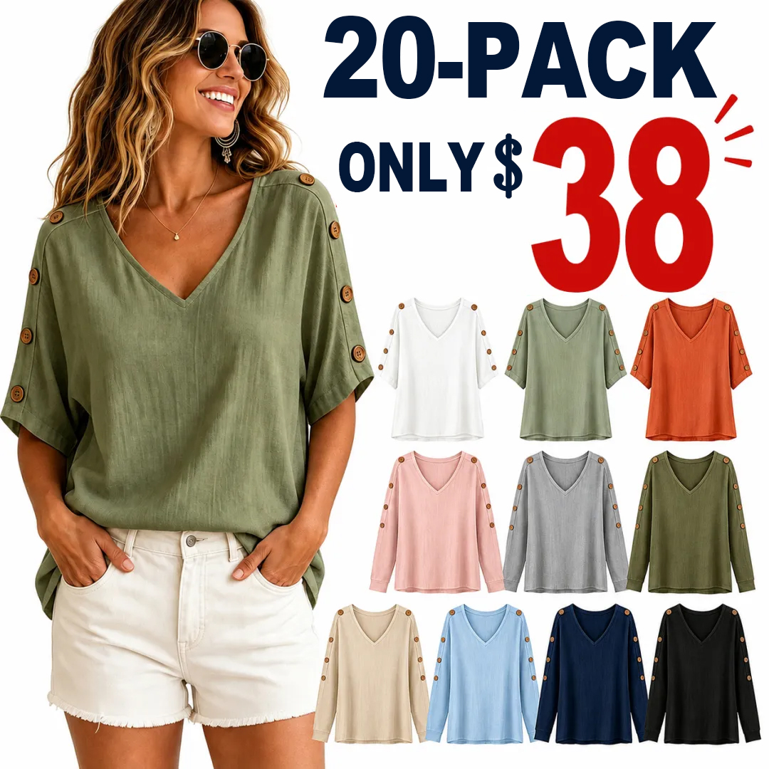 ⏰Clearance Sale⚡20-Pack Only $35⚡Women's V-Neck Button Sleeve Linen Blouse