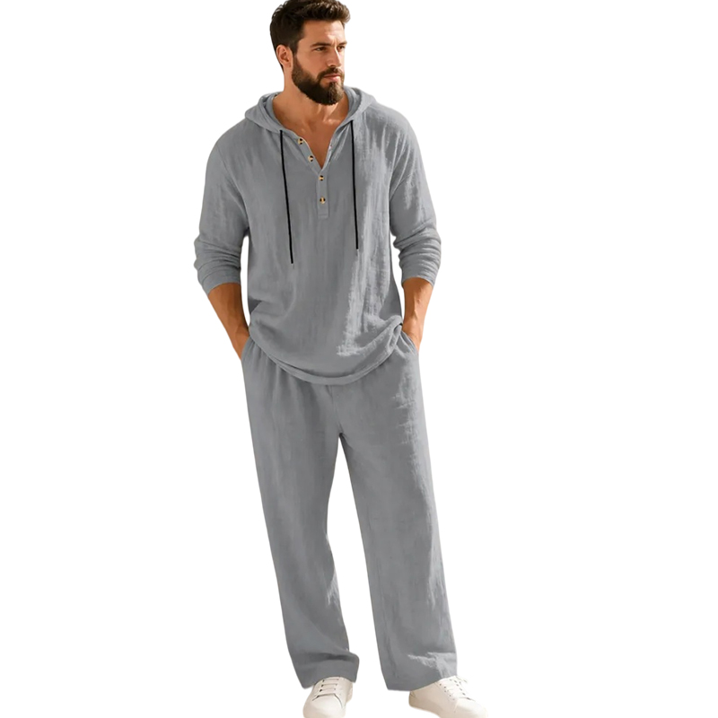 ⏰Clearance Sale⚡10-Sets Only €39.99 ⚡ Two-Piece Linen Set with Hooded Henley Top and Relaxed Trousers