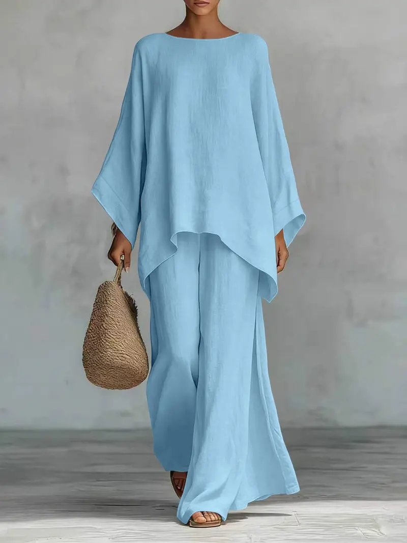 Women's Casual Linen Blend Two-Piece Lounge Set – Oversized Batwing Top & Wide Leg Pants