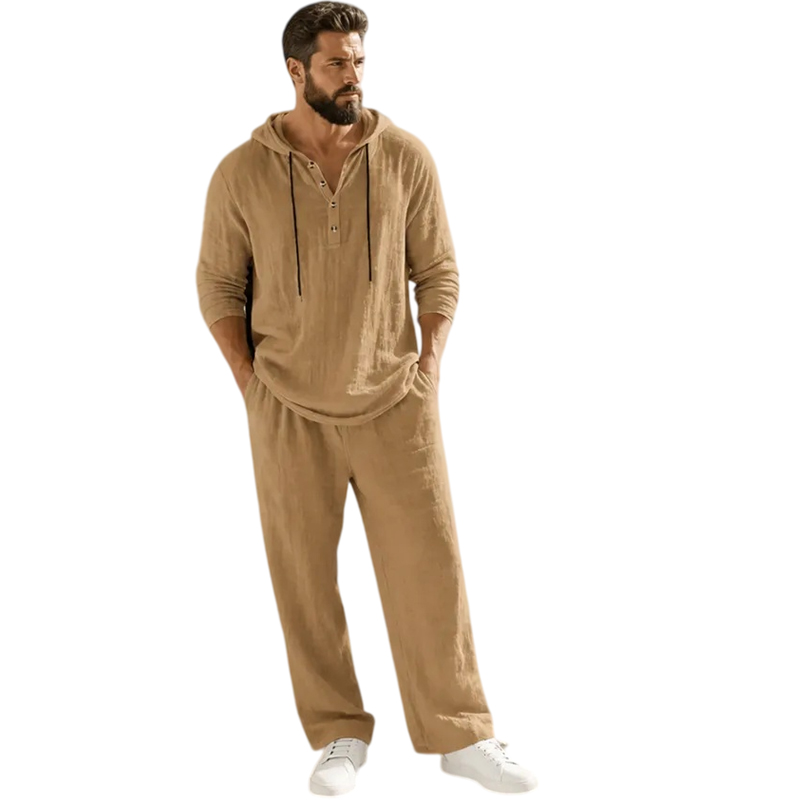 ⏰Clearance Sale⚡10-Sets Only €39.99 ⚡ Two-Piece Linen Set with Hooded Henley Top and Relaxed Trousers