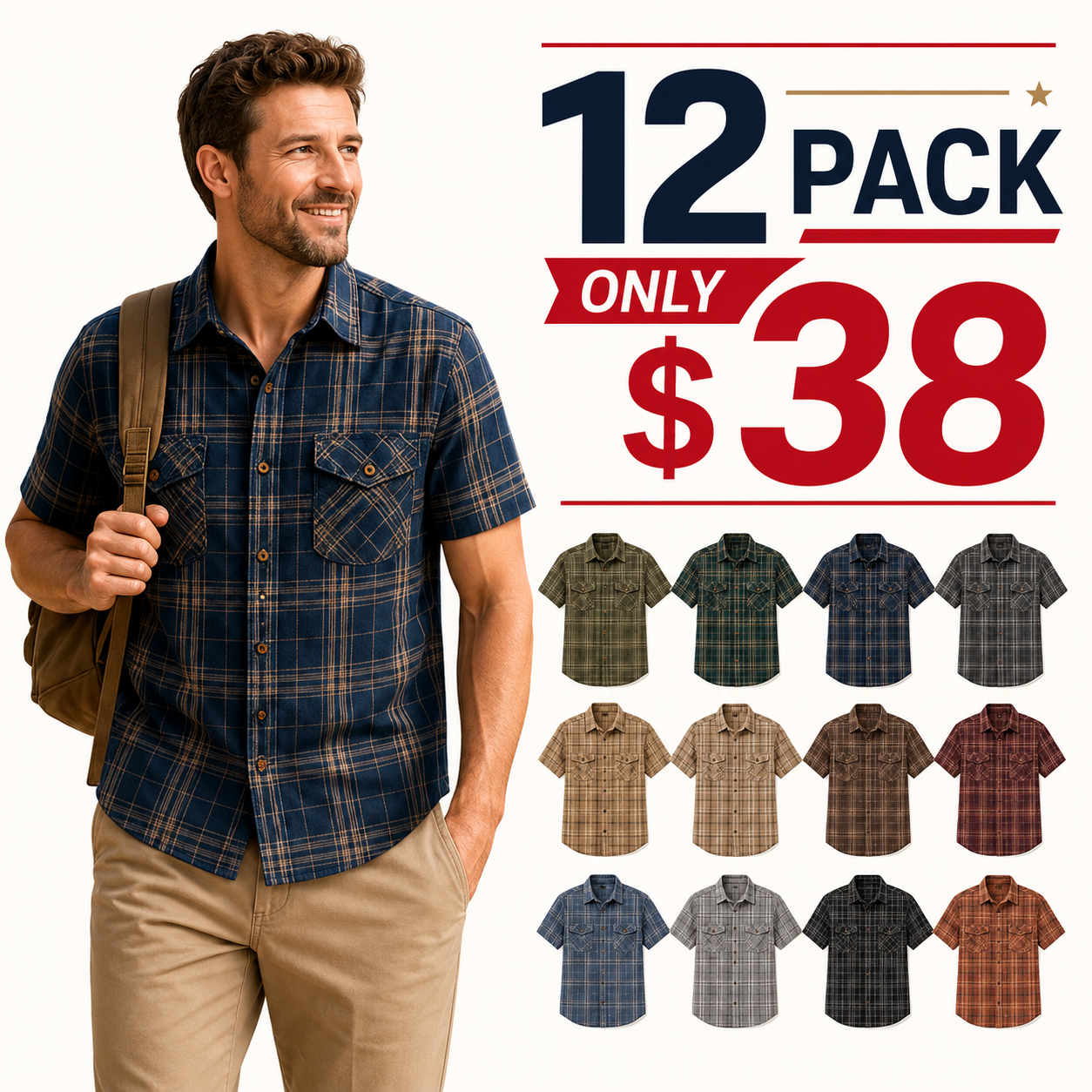 Men's Plaid Short Sleeve Utility Button-Up Shirt