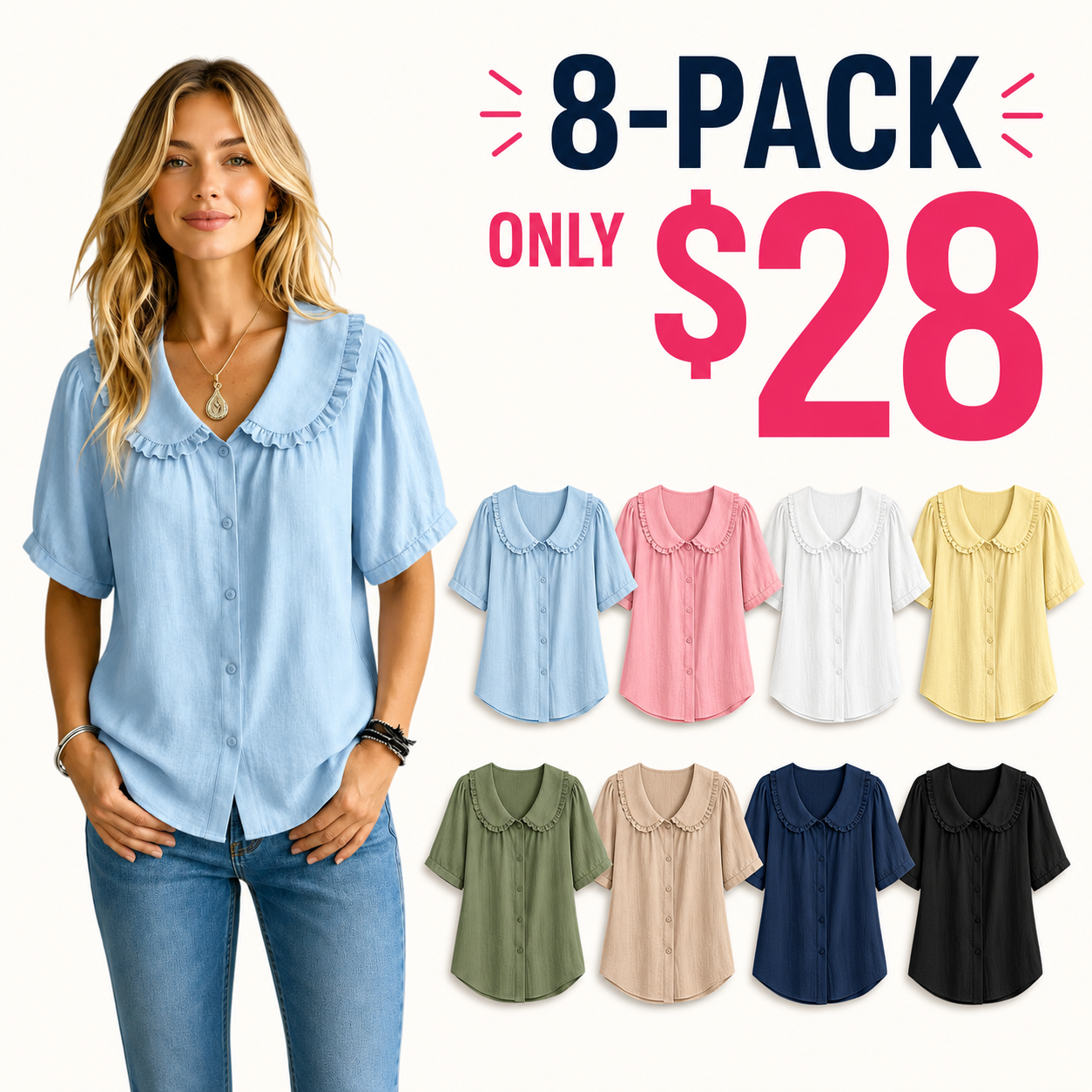 8 Pack Only$32.99-🔥 Women's Ruffle Trim Collared Button-Up Short Sleeve Shirt
