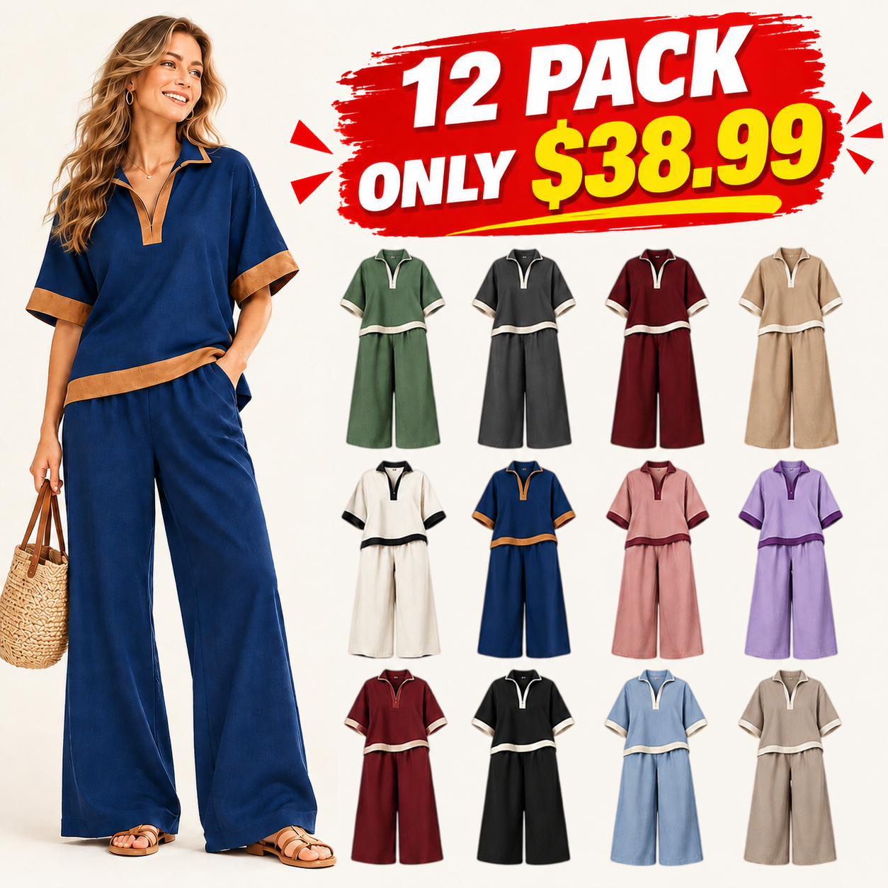 ⏰Clearance Sale⚡12-Sets Only $38.99⚡Women’s Contrast Split-Neck Top & Wide-Leg Pants Set