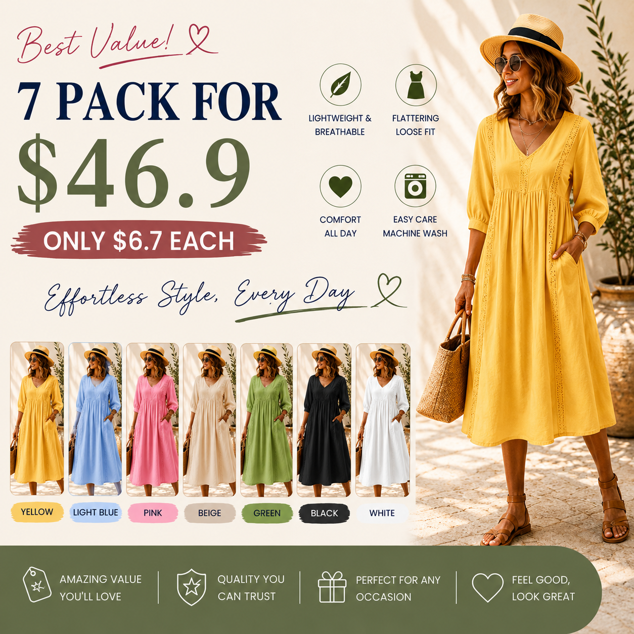 New Arrivals🔥Women's Casual Loose-fitting Patchwork Lace Trim Linen And Cotton Dress