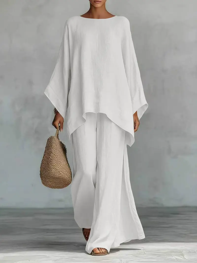Women's Casual Linen Blend Two-Piece Lounge Set – Oversized Batwing Top & Wide Leg Pants