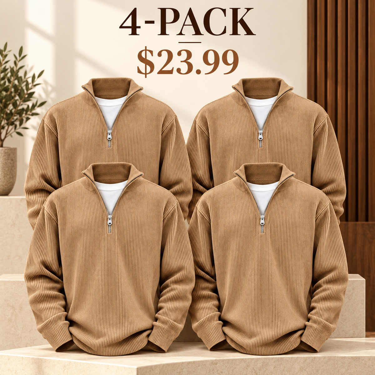 4-Pack - Camel Men's Ribbed Quarter-Zip Relaxed Pullover Multipacks