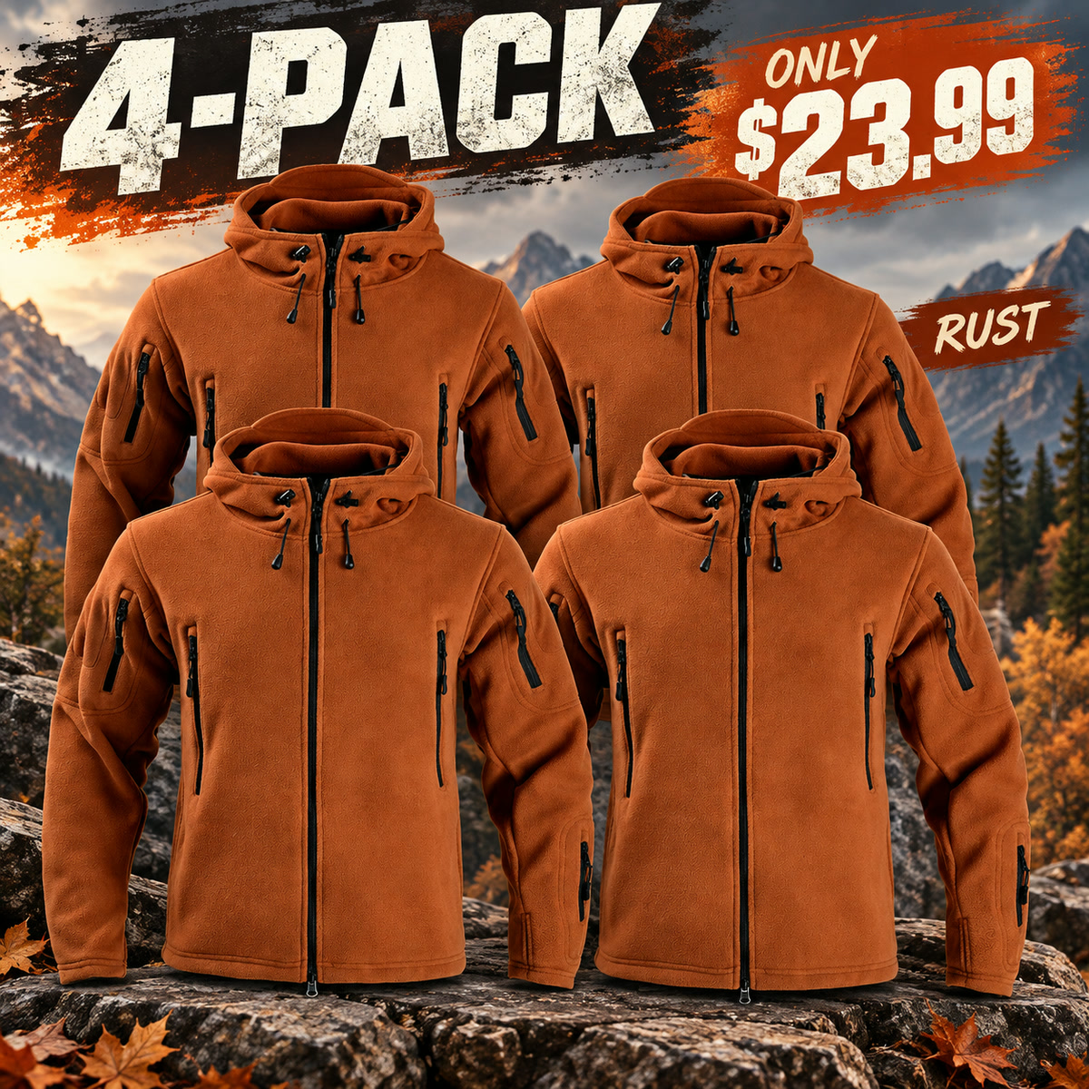 4-Pack - Rust Men's Multi-Pocket Hooded Fleece Jacket Multipacks