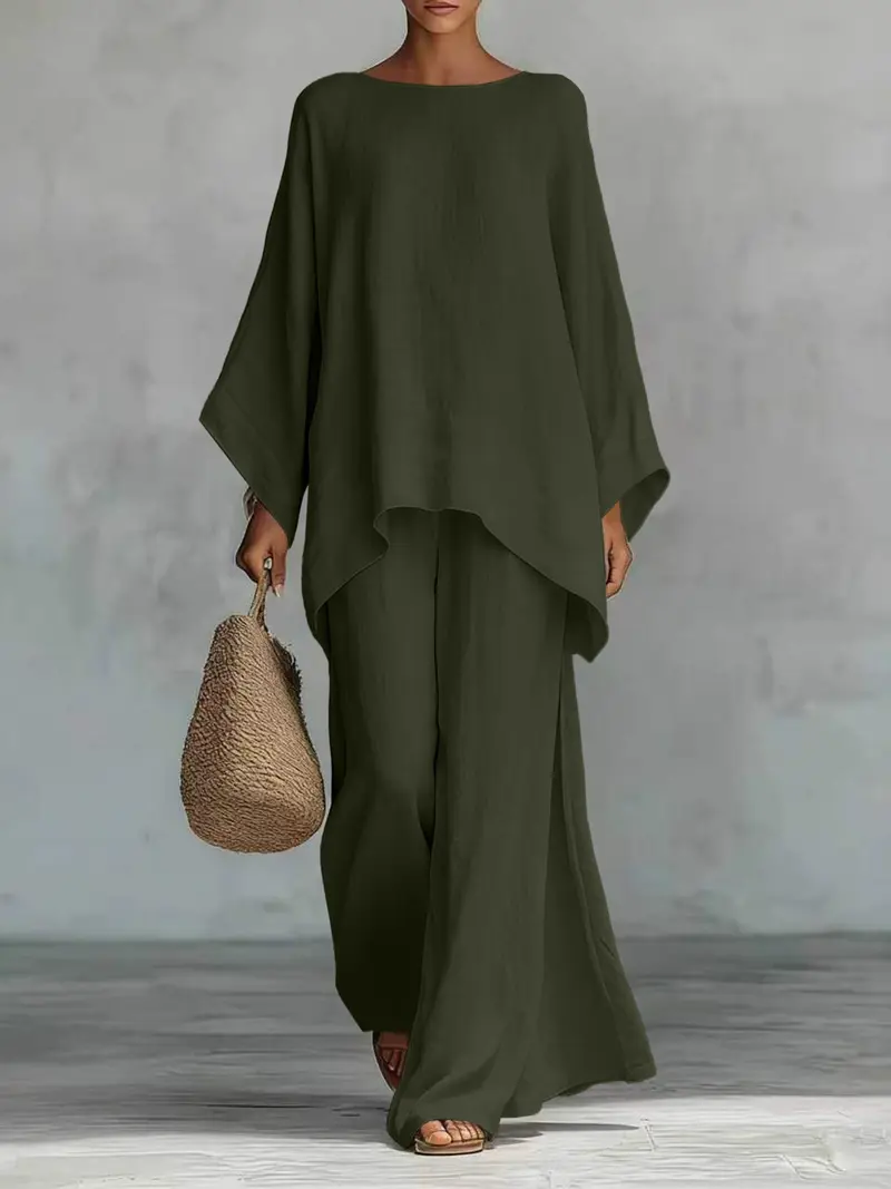Women's Casual Linen Blend Two-Piece Lounge Set – Oversized Batwing Top & Wide Leg Pants