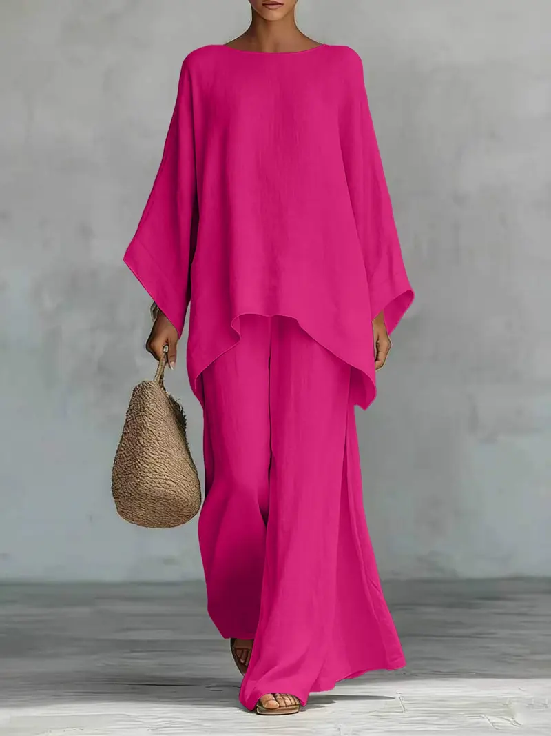 Women's Casual Linen Blend Two-Piece Lounge Set – Oversized Batwing Top & Wide Leg Pants