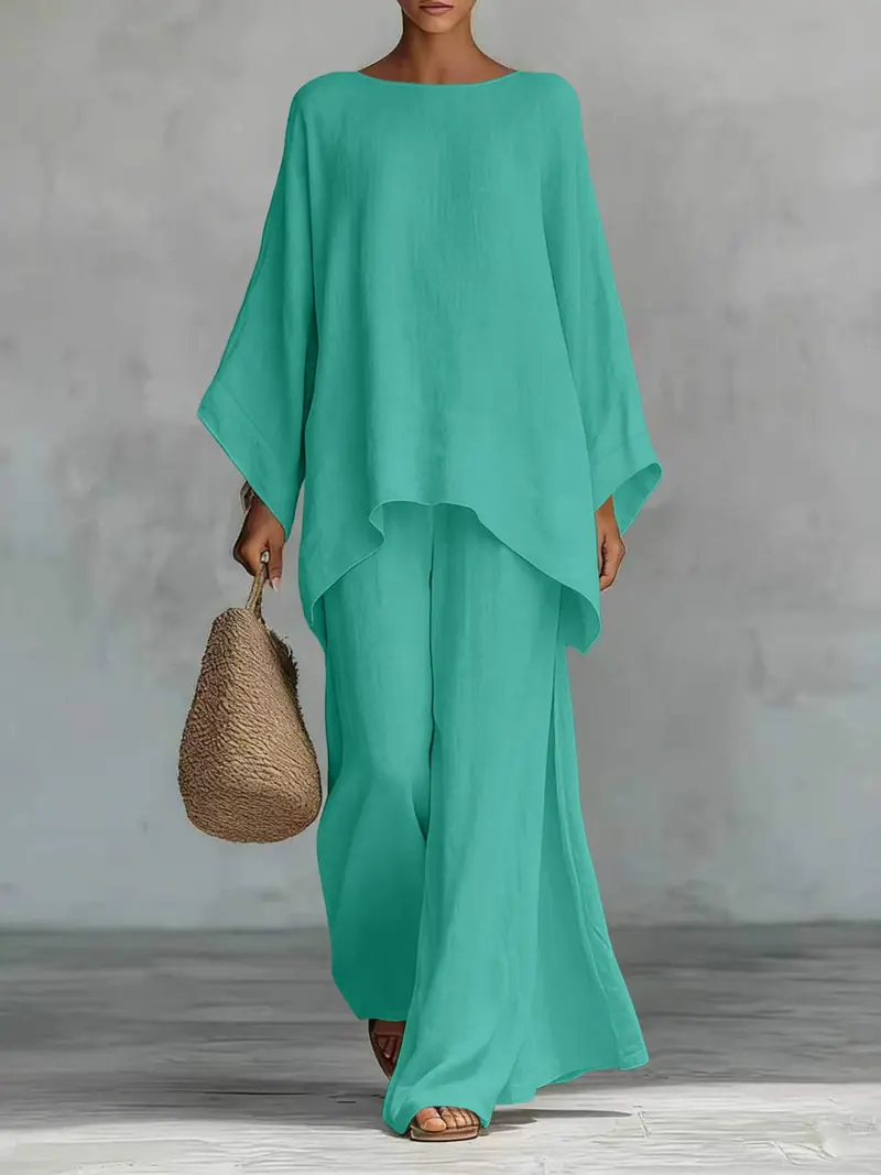 Women's Casual Linen Blend Two-Piece Lounge Set – Oversized Batwing Top & Wide Leg Pants