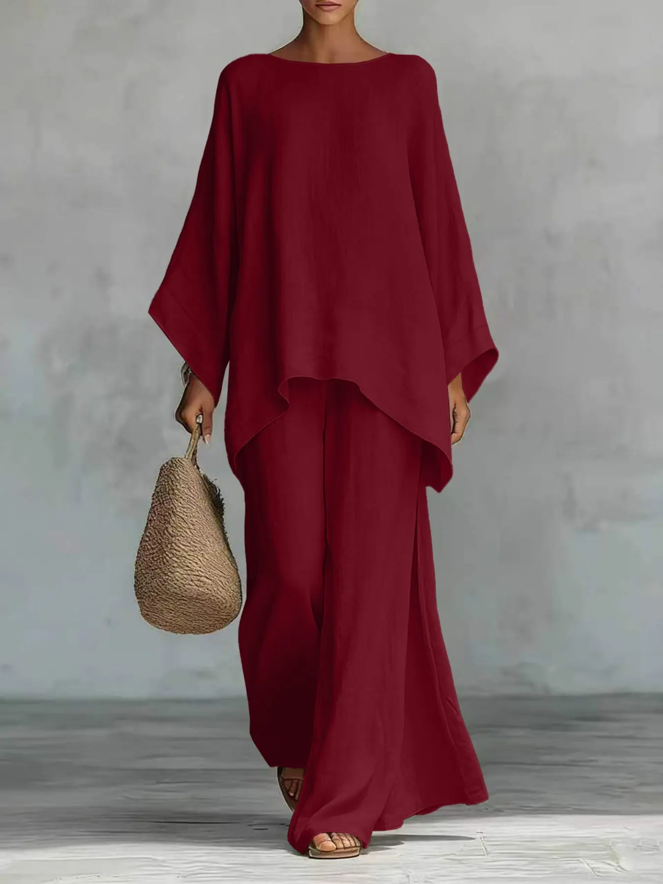 Women's Casual Linen Blend Two-Piece Lounge Set – Oversized Batwing Top & Wide Leg Pants