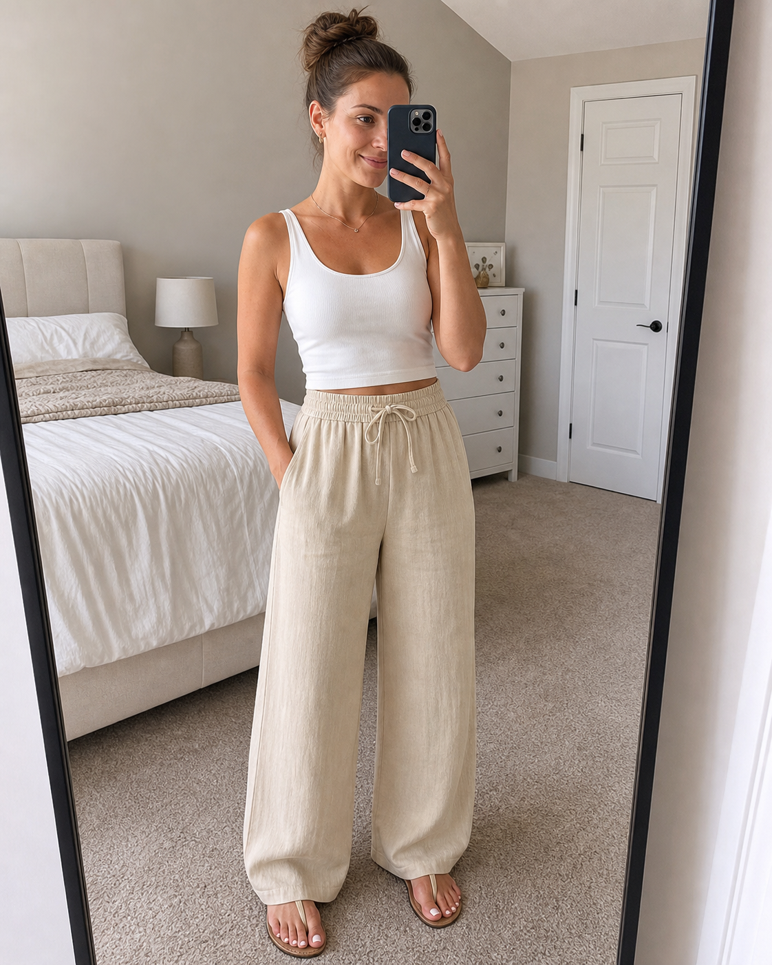 Women's wide-leg pants bedroom mirror styling inspiration