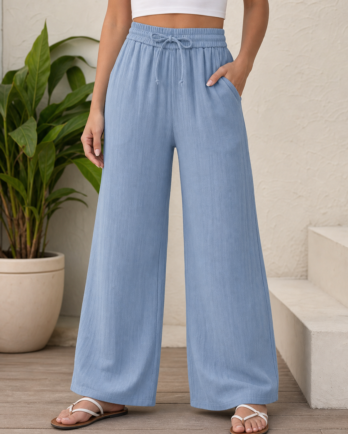 Women's wide-leg pants waistband detail styling inspiration