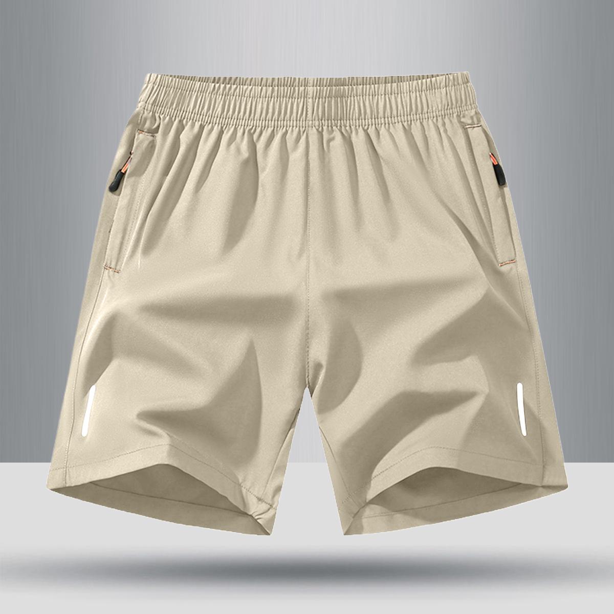 Men’s solid-color shorts with zippered pockets — summer casual, comfortable, breathable shorts made from a 97% polyester + 3% spandex blend; men’s bottoms for everyday wear, tropical beige color, multiple specifications available.