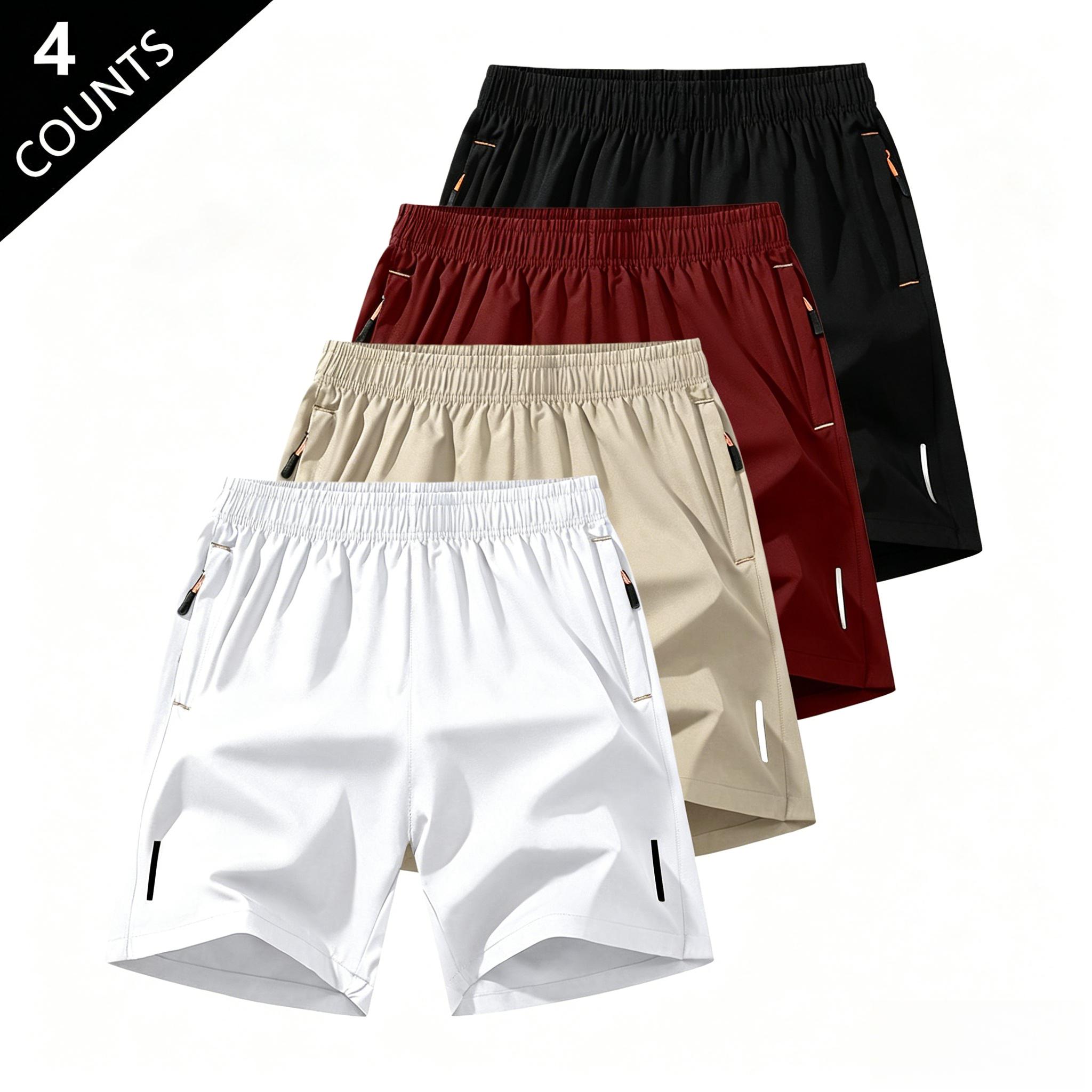 Men’s solid-color shorts with zippered pockets — summer casual, comfortable, breathable shorts made from a 97% polyester + 3% spandex blend; men’s bottoms for everyday wear, tropical beige color, multiple specifications available.