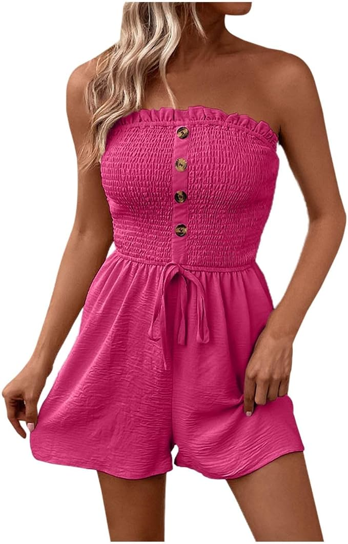 Women's Strapless Smocked Button Front Romper – Casual Summer Tube Jumpsuit with Drawstring Waist & Pockets