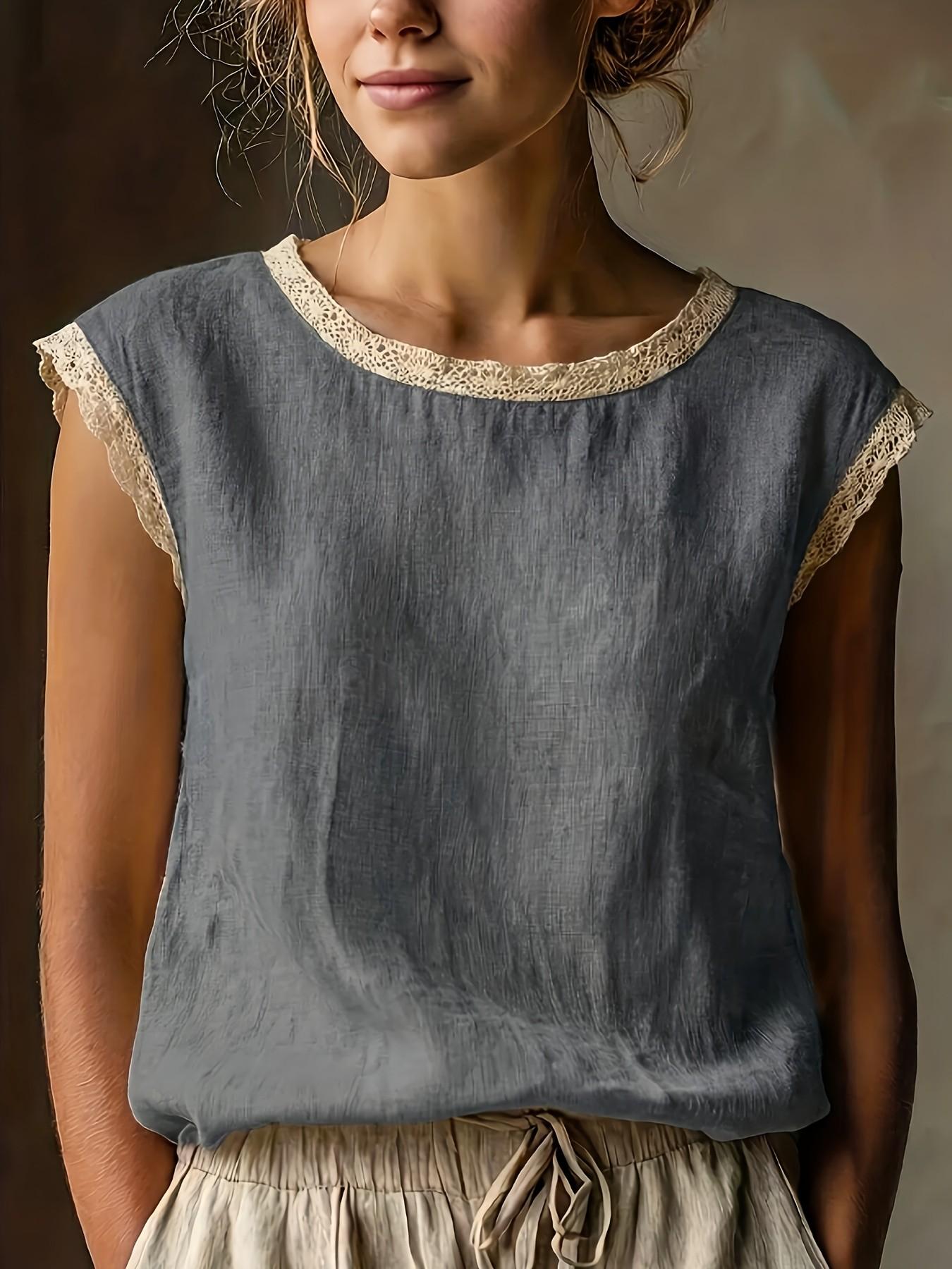 Women's Vintage Linen Short Sleeve Top, Lace Patchwork Round Neck Loose Fit Summer Breathable Linen T-Shirt, Casual Fashion