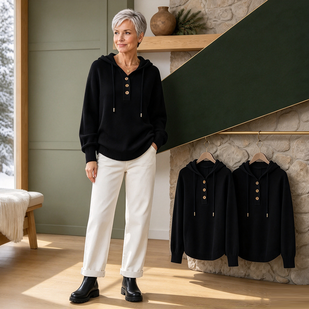Women's Relaxed Button-Placket Knit Hoodie