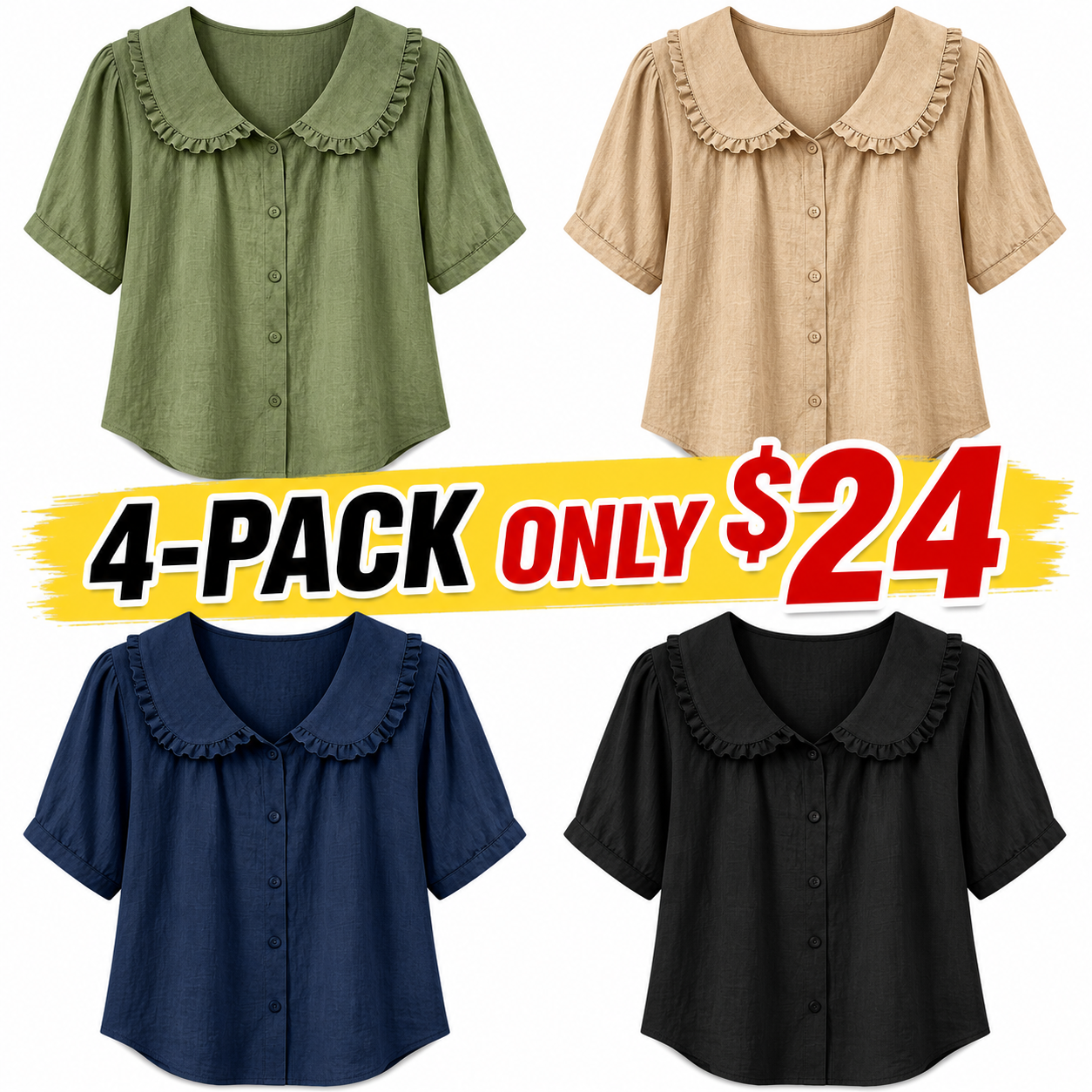 8 Pack Only$32.99-🔥 Women's Ruffle Trim Collared Button-Up Short Sleeve Shirt