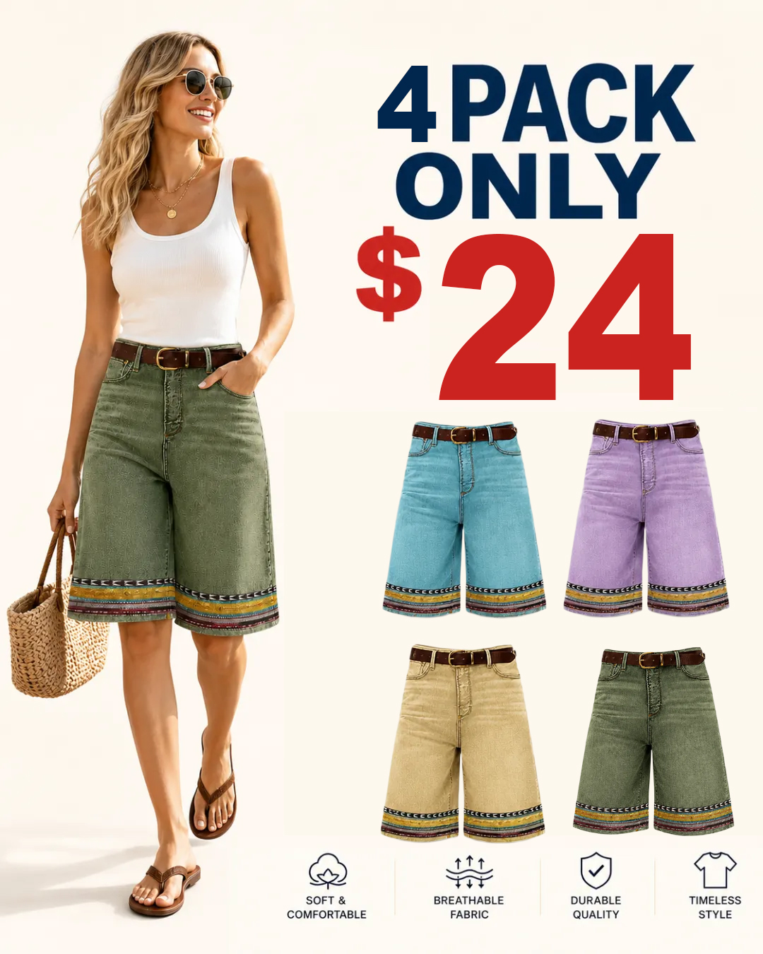 ⏰Store Closing Clearance⚡8 Pack for $29⚡Women’s Printed Hem Denim Bermuda Shorts
