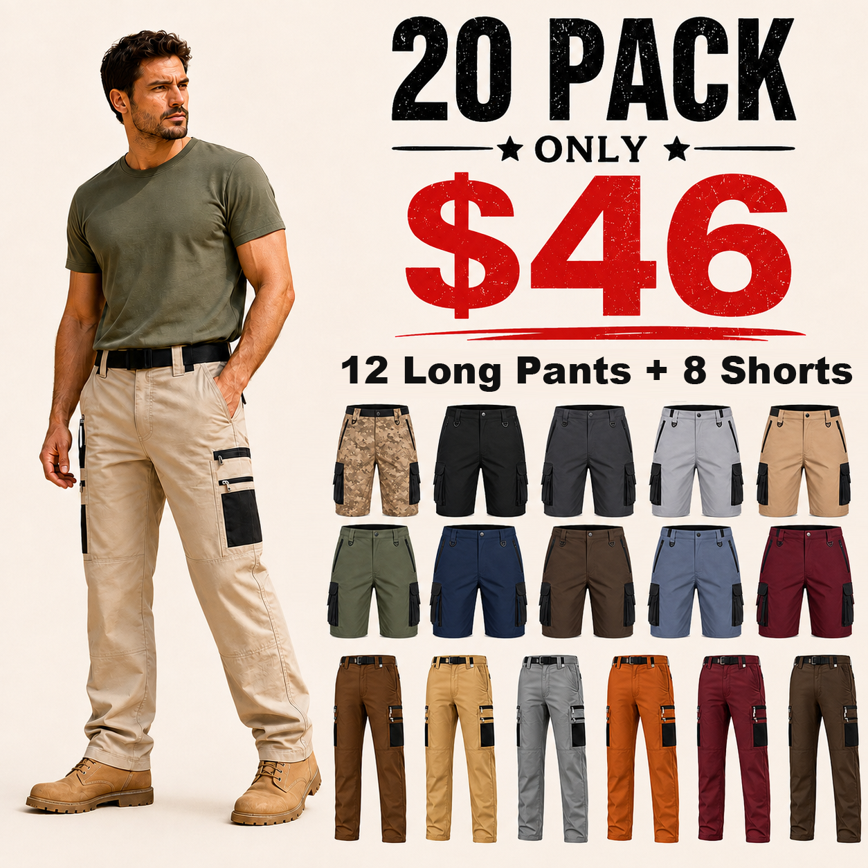 ⏰Clearance Sale⚡12-Pack Only $38⚡Men’s Heavy-Duty Contrast Pocket Tactical Cargo Pants