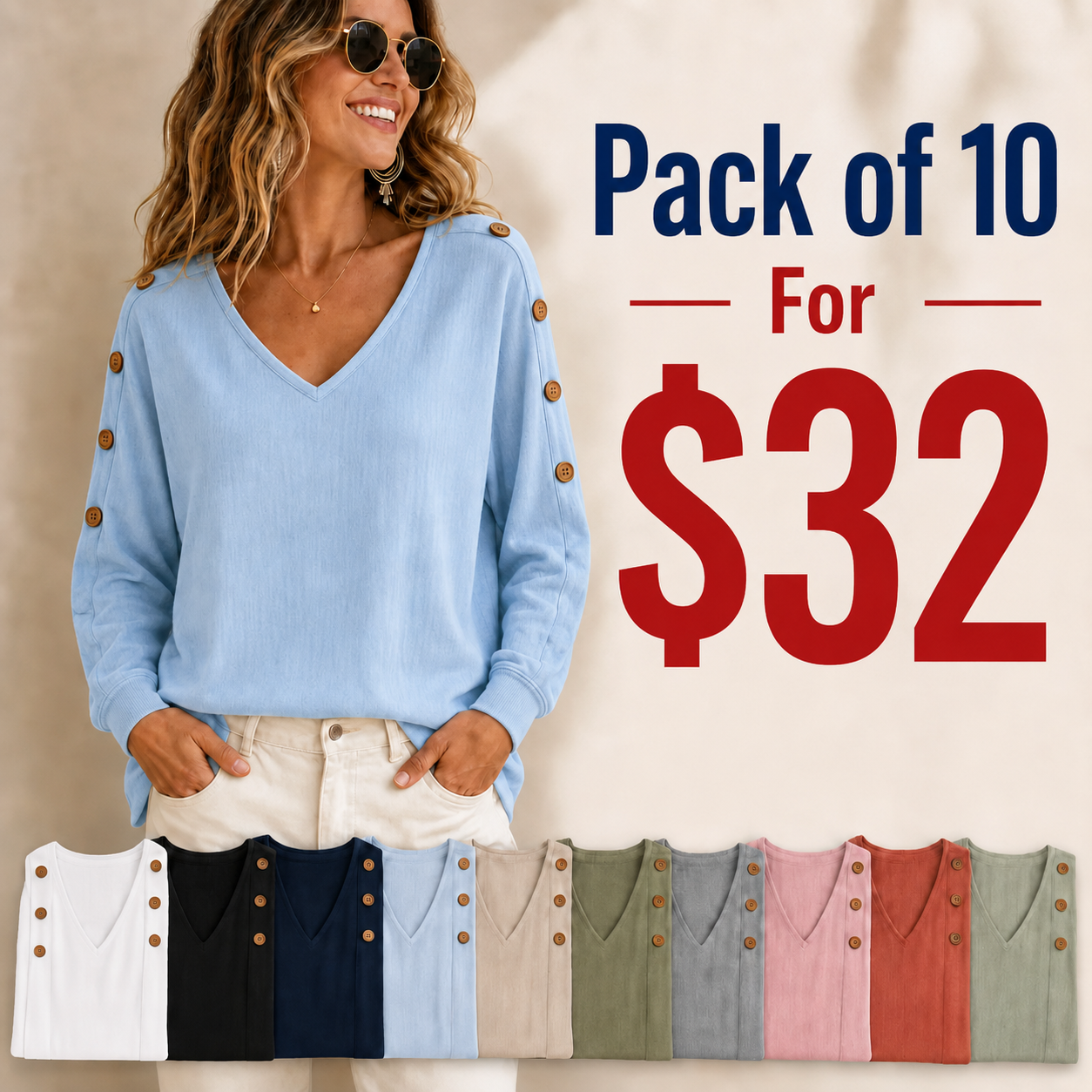 ⏰Clearance Sale⚡20-Pack Only $35⚡Women's V-Neck Button Sleeve Linen Blouse