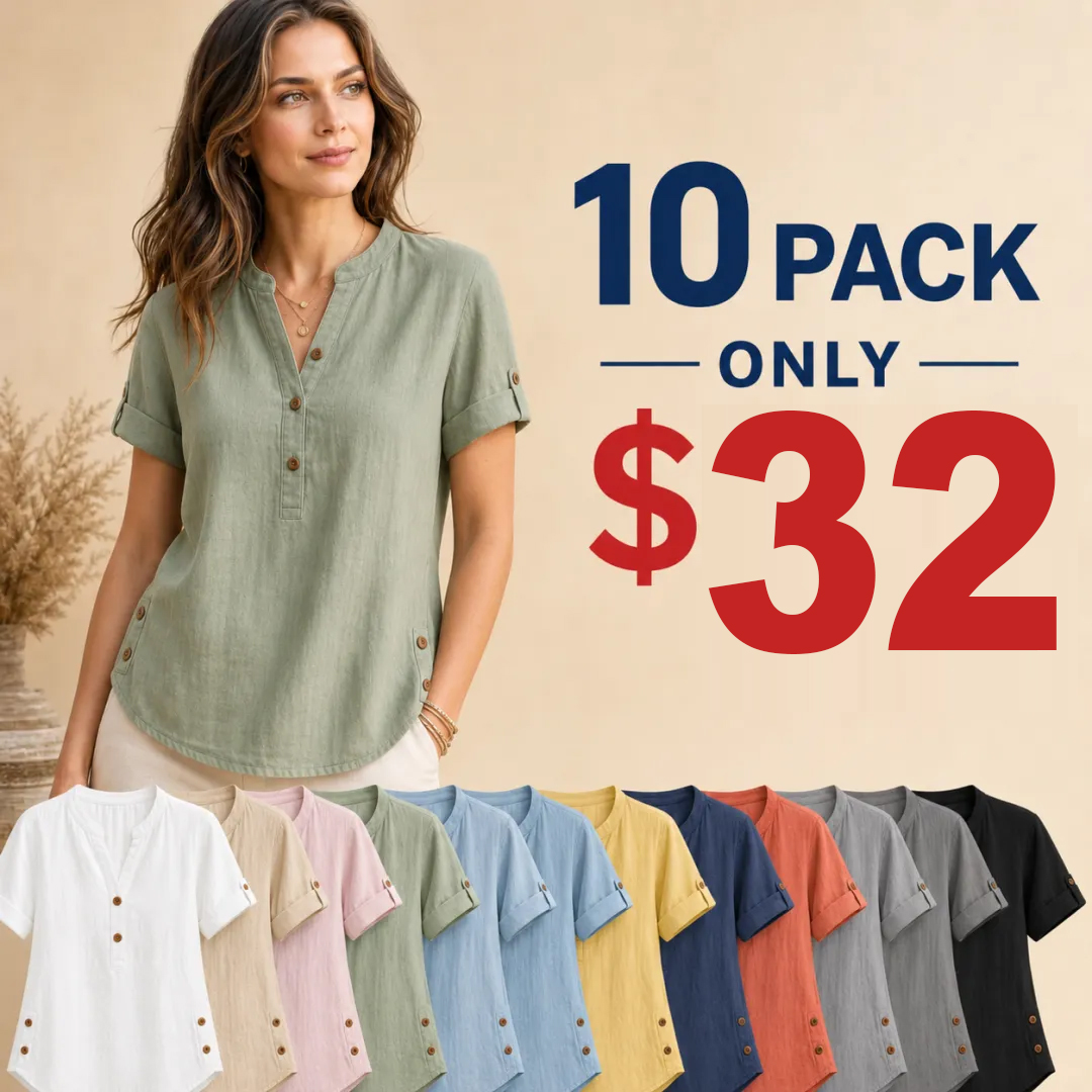 ⏰Warehouse Liquidation Sale⚡10 Pack for $32⚡Women's Linen Mandarin Collar T-Shirt