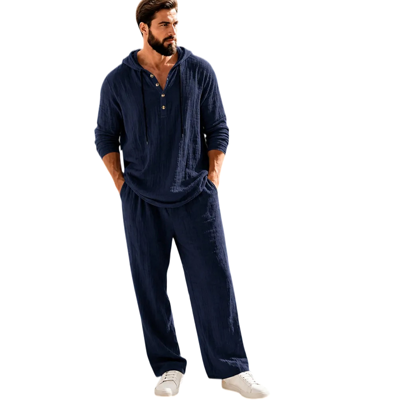 ⏰Clearance Sale⚡10-Sets Only €39.99 ⚡ Two-Piece Linen Set with Hooded Henley Top and Relaxed Trousers
