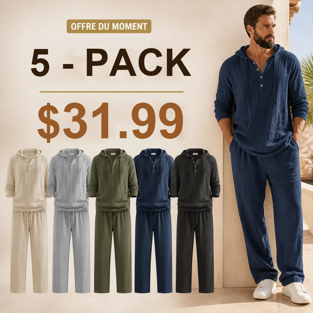 ⏰Clearance Sale⚡10-Sets Only €39.99 ⚡ Two-Piece Linen Set with Hooded Henley Top and Relaxed Trousers