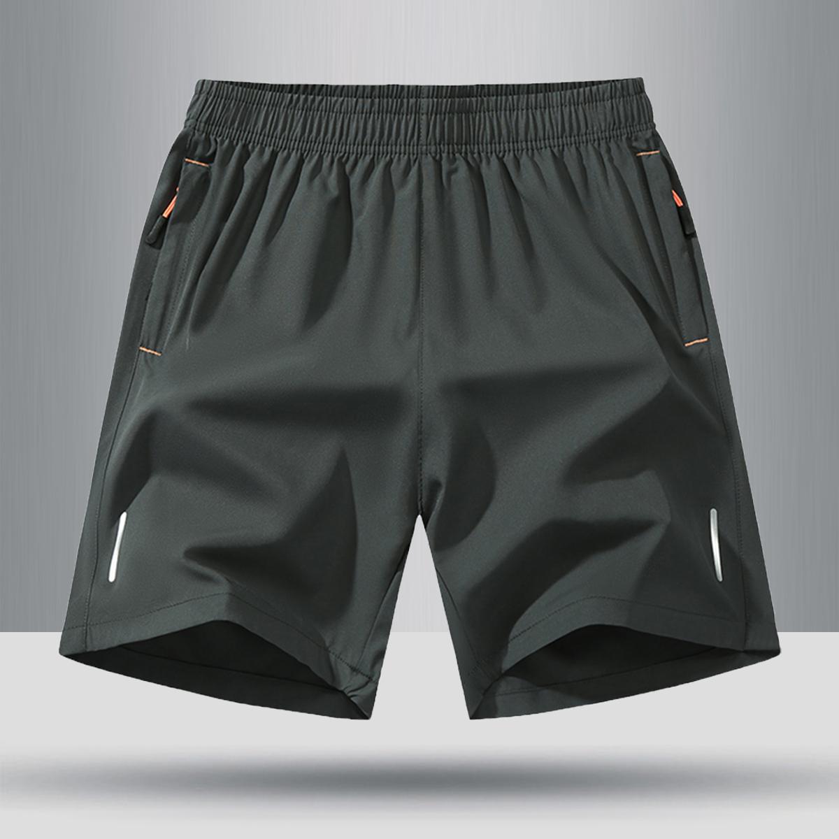 Men’s solid-color shorts with zippered pockets — summer casual, comfortable, breathable shorts made from a 97% polyester + 3% spandex blend; men’s bottoms for everyday wear, tropical beige color, multiple specifications available.