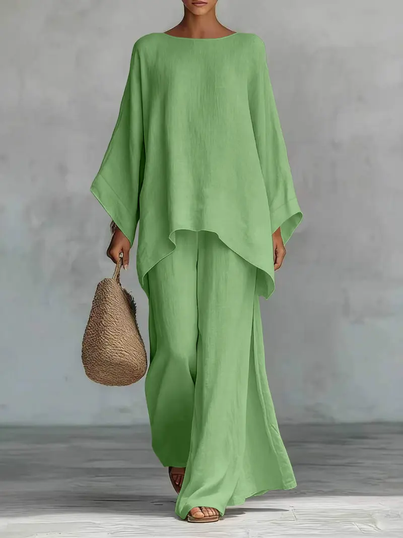 Women's Casual Linen Blend Two-Piece Lounge Set – Oversized Batwing Top & Wide Leg Pants