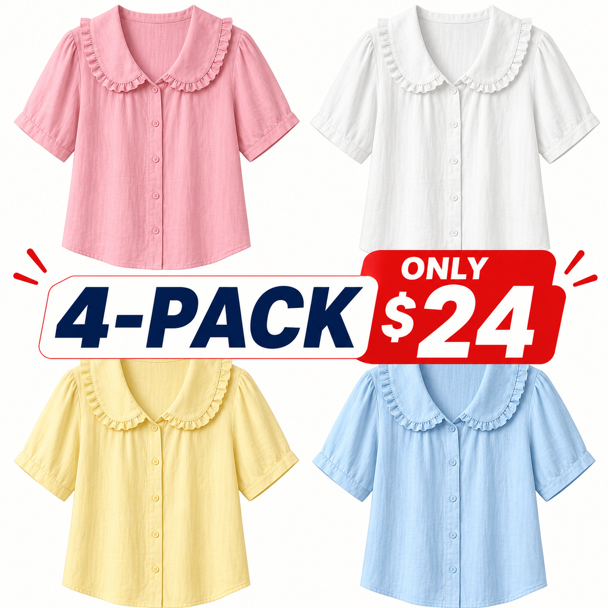 8 Pack Only$32.99-🔥 Women's Ruffle Trim Collared Button-Up Short Sleeve Shirt