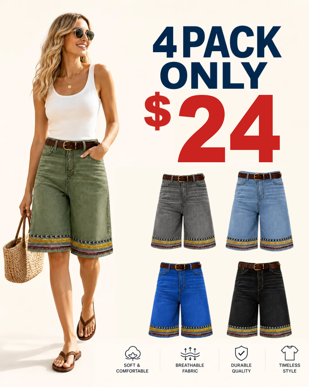 ⏰Store Closing Clearance⚡8 Pack for $29⚡Women’s Printed Hem Denim Bermuda Shorts
