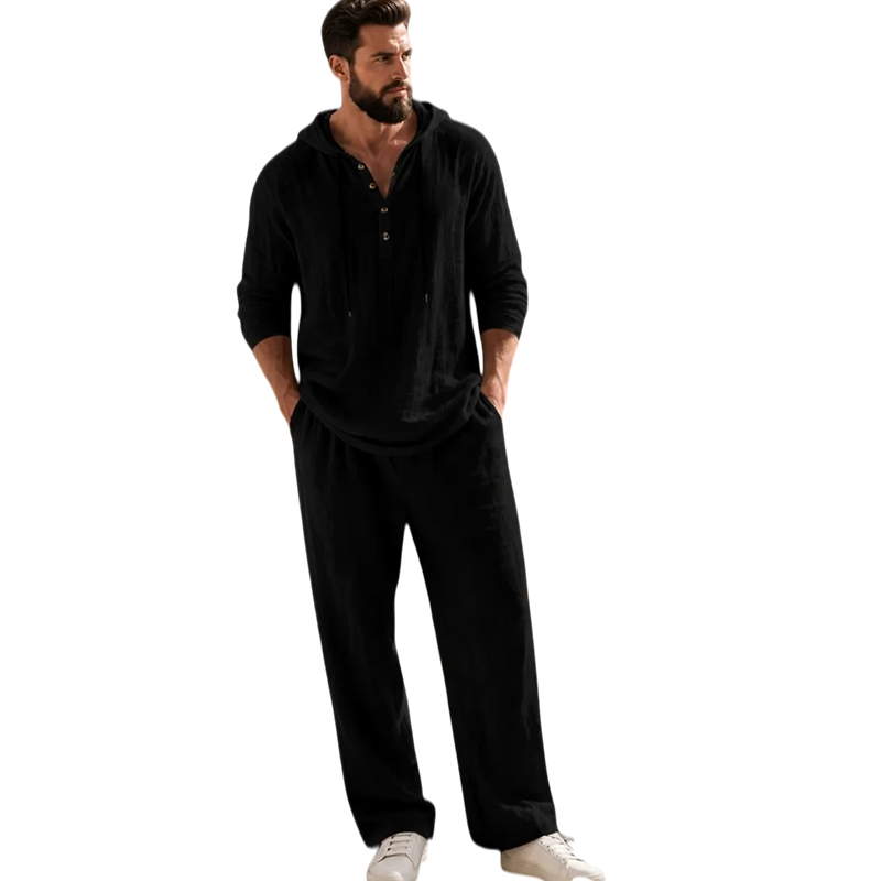 ⏰Clearance Sale⚡10-Sets Only €39.99 ⚡ Two-Piece Linen Set with Hooded Henley Top and Relaxed Trousers