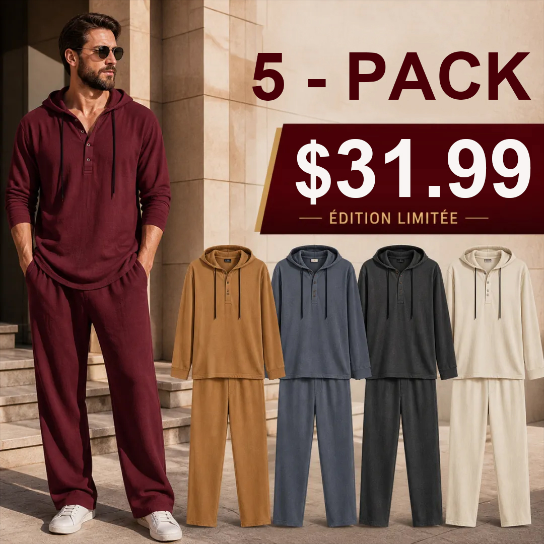 ⏰Clearance Sale⚡10-Sets Only €39.99 ⚡ Two-Piece Linen Set with Hooded Henley Top and Relaxed Trousers