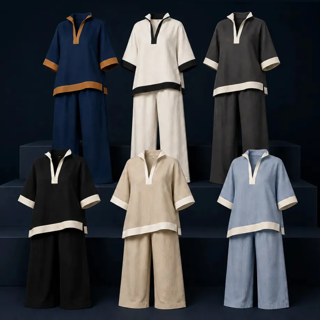 ⏰Clearance Sale⚡12-Sets Only $38.99⚡Women’s Contrast Split-Neck Top & Wide-Leg Pants Set