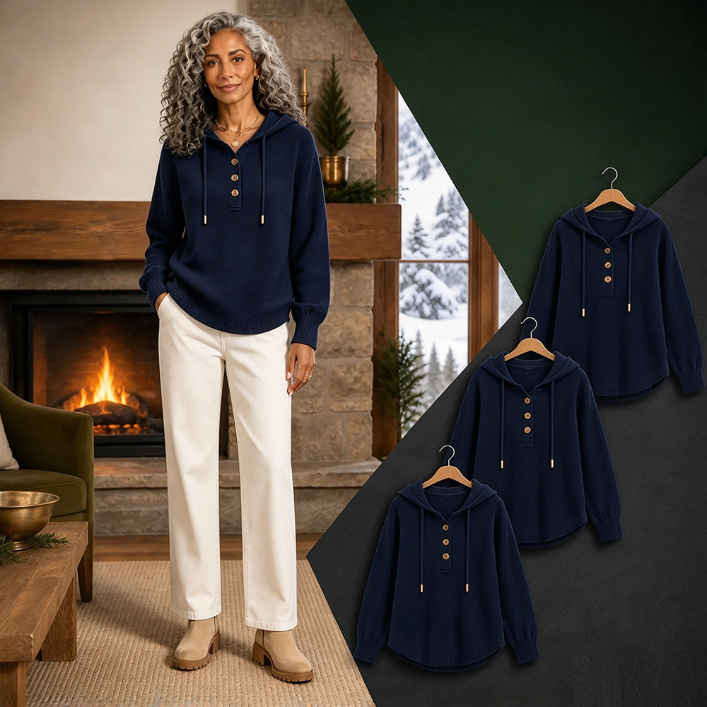 Women's Relaxed Button-Placket Knit Hoodie