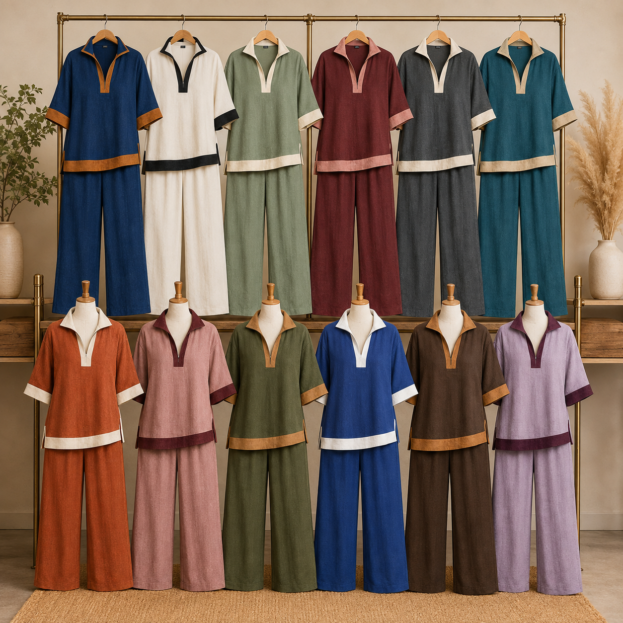 DÉSTOCKAGE FINAL – Lot de 12 à seulement 36,99 € – Ensemble femme avec haut à col fendu contrasté et pantalon large - 6 pièces – Couleurs classiques – 26,99 €