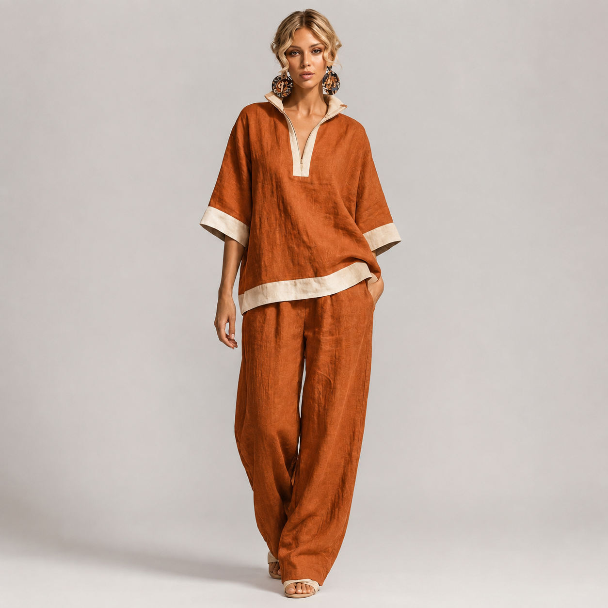 DÉSTOCKAGE FINAL – Lot de 12 à seulement 36,99 € – Ensemble femme avec haut à col fendu contrasté et pantalon large - 4 pièces Vieux rose/Bordeaux – 26,99 €