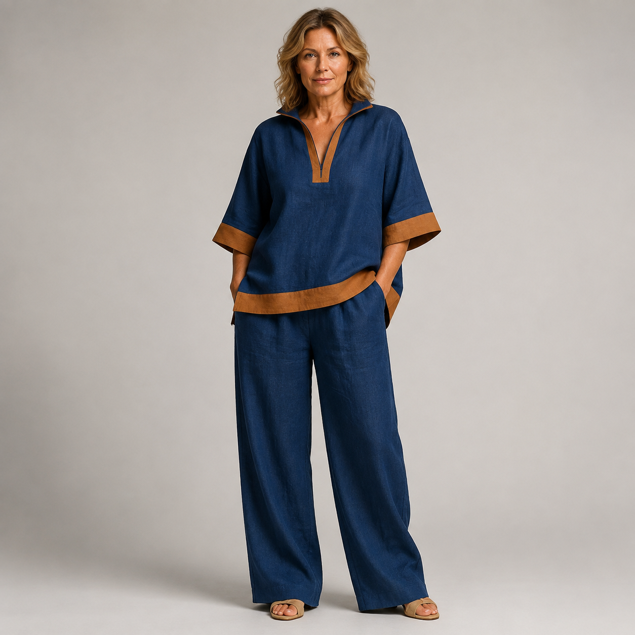 DÉSTOCKAGE FINAL – Lot de 12 à seulement 36,99 € – Ensemble femme avec haut à col fendu contrasté et pantalon large - 4 pièces Ivoire/Noir – 26,99 €