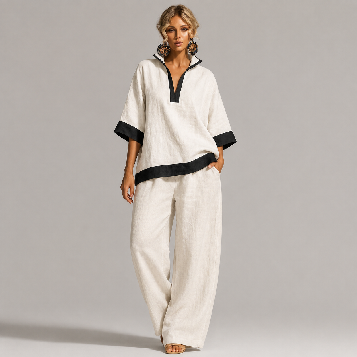 DÉSTOCKAGE FINAL – Lot de 12 à seulement 36,99 € – Ensemble femme avec haut à col fendu contrasté et pantalon large - 4 pièces Sauge/Crème – 26,99 €